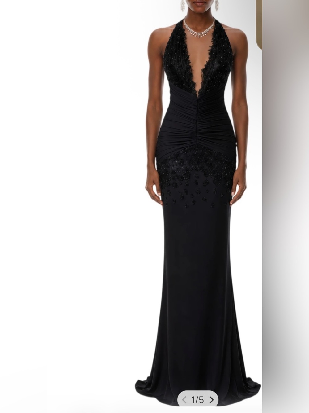 Black Beaded V-Neck Evening Gown